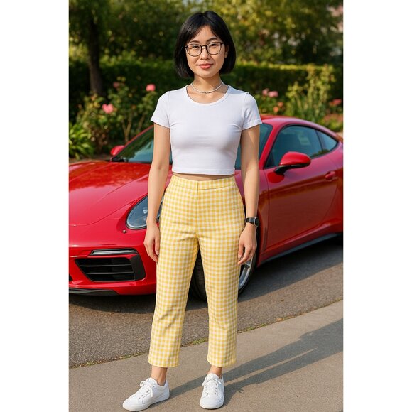 8 Birdies Yellow White Gingham Pants Women’s M Cotton Straight Leg Cropped - Picture 1 of 6